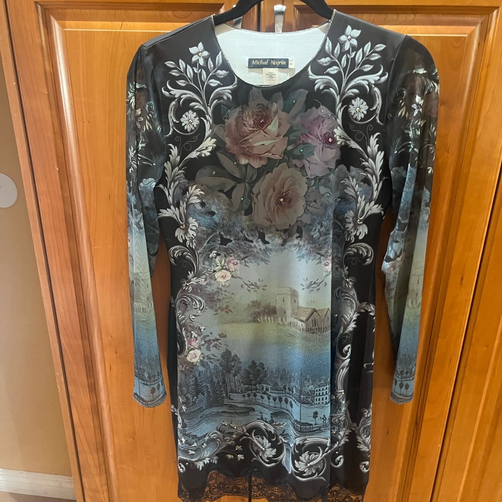 Michal Negrin Dark Brown and Teal Floral Dress